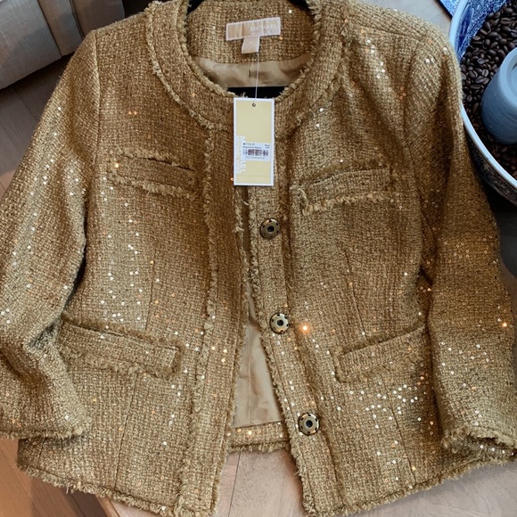 NWT Michael Kors Sequin Gold Tan Camel Fringe Trim Chic Jacket Size 4 MSRP $198 - Picture 8 of 12